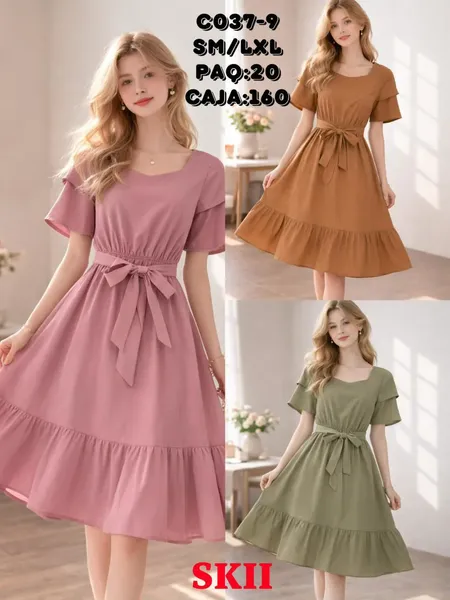 Vestido Casual con Cinturón y Volante-C037-9