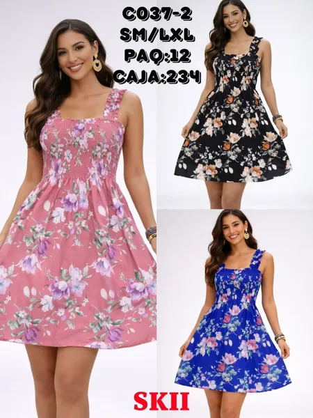 Vestido corto estampado floral con corpiño fruncido-C037-2