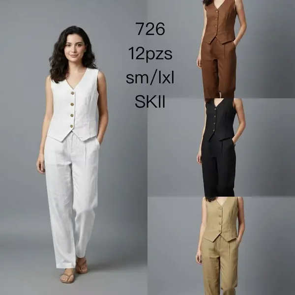 Conjunto de chaleco sin mangas y pantalón de lino-726