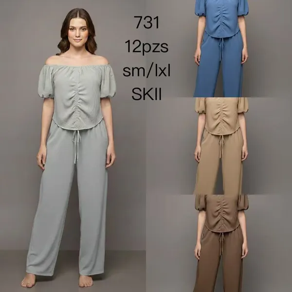 Conjunto de Blusa Fruncida Hombros Descubiertos y Pantalón Ancho-731