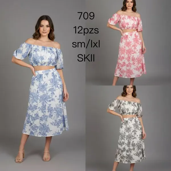 Conjunto de Top de Hombros Descubiertos y Falda Midi Estampada-709