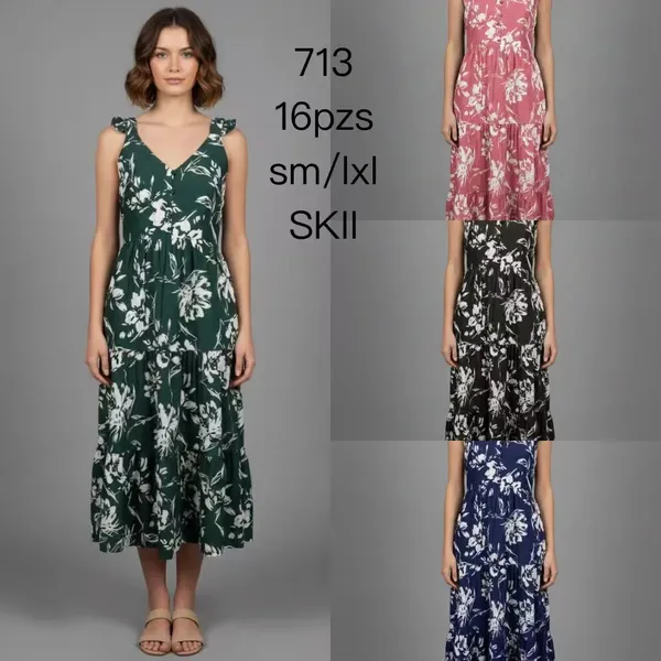 Vestido Floral con Volantes y Cuello V-713