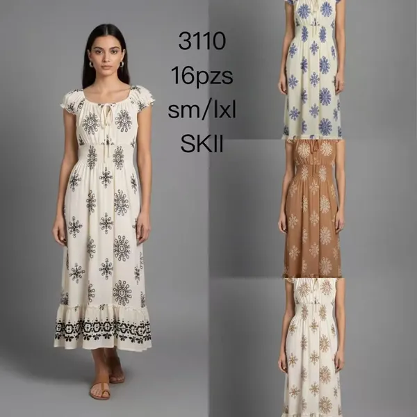 Vestido largo estampado con mangas cortas y cintura fruncida-3110