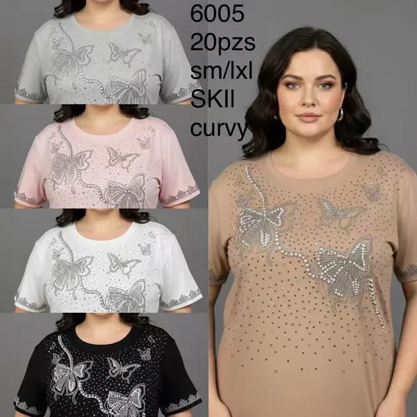 Playera de manga corta con diseño de mariposas de pedrería-6005
