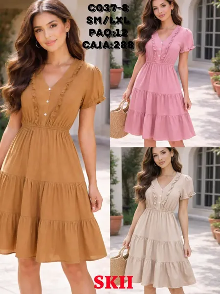Vestido corto con volantes y botones-C037-8