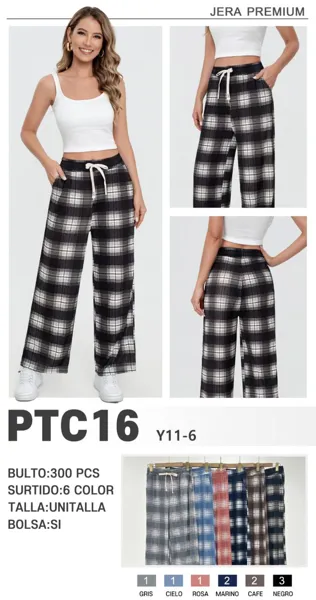 Pantalón de mujer a cuadros con cordón ajustable-PTC16