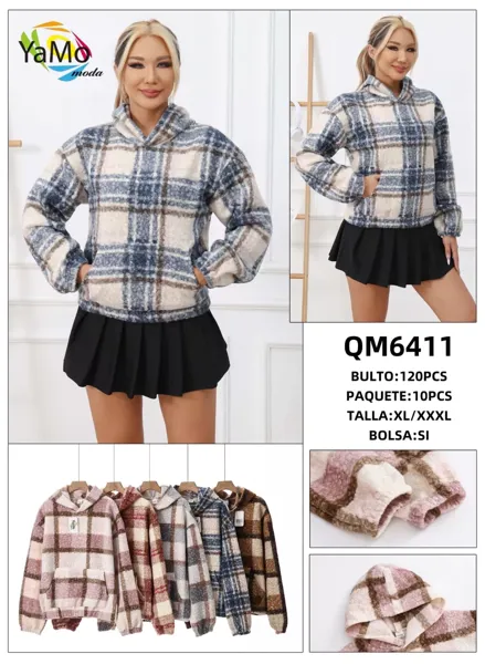 Sudadera con capucha de peluche a cuadros