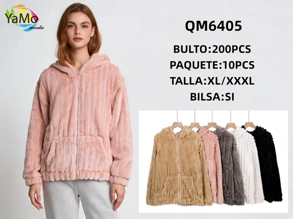 Chaqueta de peluche acanalada con capucha y cierre para mujer