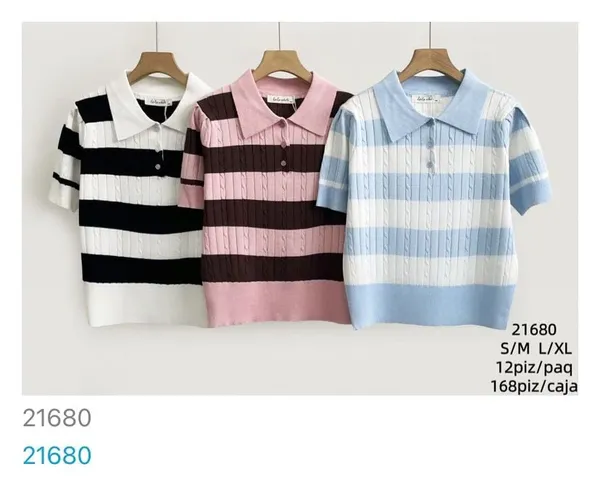 Playera polo tejida de manga corta a rayas-21680