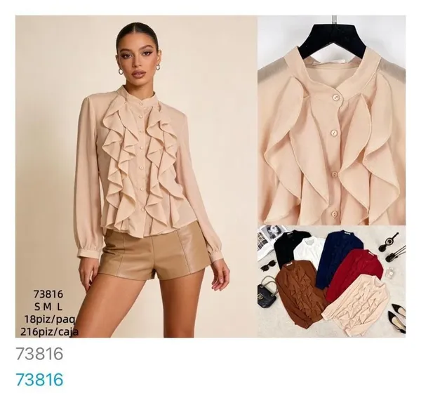 Blusa de mujer con volantes frontales y cuello subido-73816