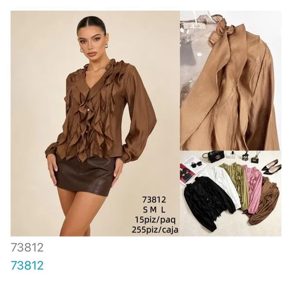 Blusa con volantes de manga larga-73812