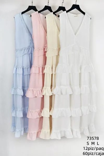 Vestido largo escalonado con cuello en V y encaje-73578