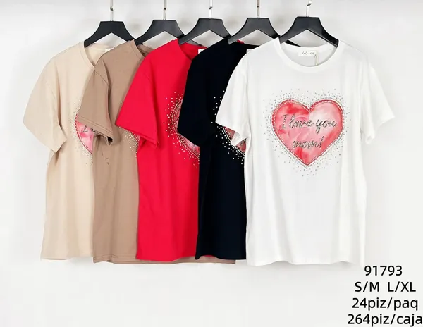 Playeras de manga corta con estampado de corazón y pedrería-91793