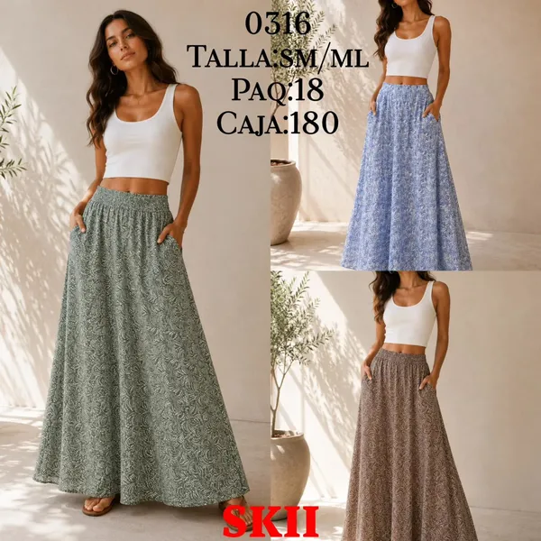 Falda Larga Estampada con Bolsillos-0316