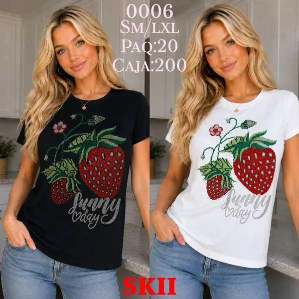Playera con estampado de fresas y mensaje “Sunny Day”-0006