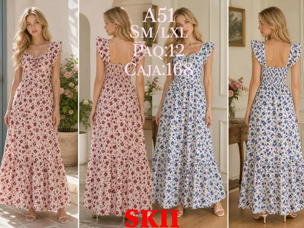 Vestido largo floral con volantes-A51