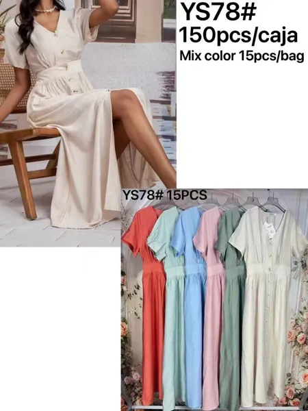 Vestido largo con botones y cuello V-YS78