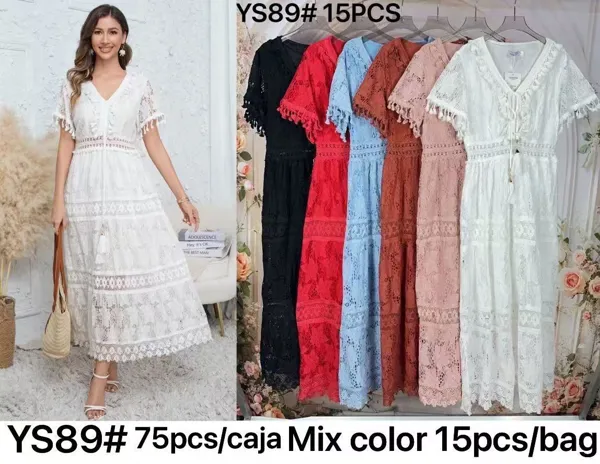 Vestido largo de encaje con cuello V y mangas cortas-YS89