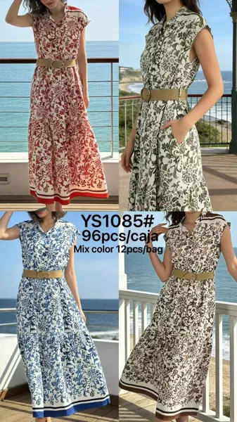 Vestido largo estampado con cinturón-YS1085