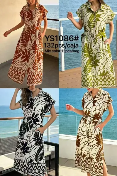 Vestido largo estampado de botones y cinturón-YS1086