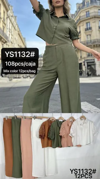 Conjunto de camisa cropped con mangas y pantalón ancho-YS1132