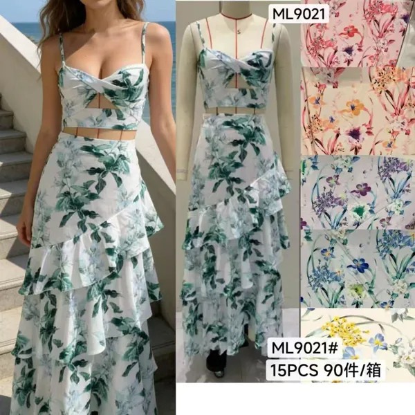 Conjunto de dos piezas con estampado floral y falda con volantes-ML9021