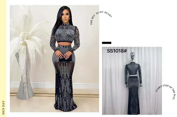 Conjunto elegante de dos piezas con top de manga larga y falda maxi con pedrería-SS1018