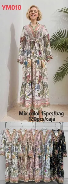 Vestido largo con estampado floral y cinturón-YM010