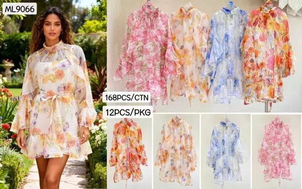Vestido Corto de Gasa Estampado Floral con Volantes y Cuello Alto-ML9066