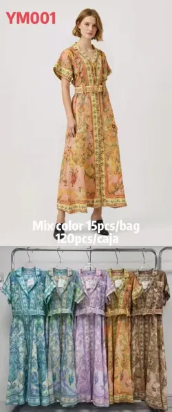 Vestido largo camisero estampado con cinturón-YM001
