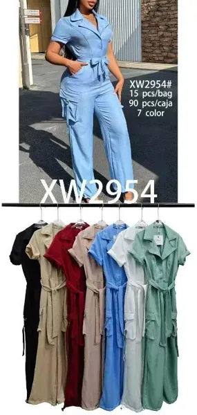 Jumpsuit de manga corta con cinturón-XW2954