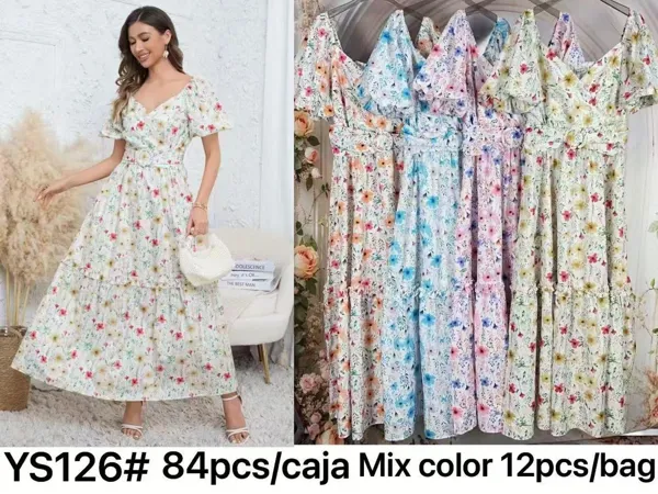 Vestido largo floral de manga corta-YS126