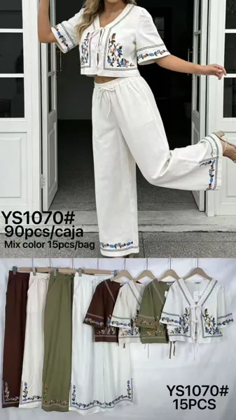 Conjunto de Blusa Crop y Pantalón Bordado-YS1070