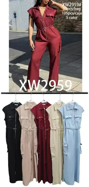 Jumpsuit utilitario de manga corta con cinturón-XW2959