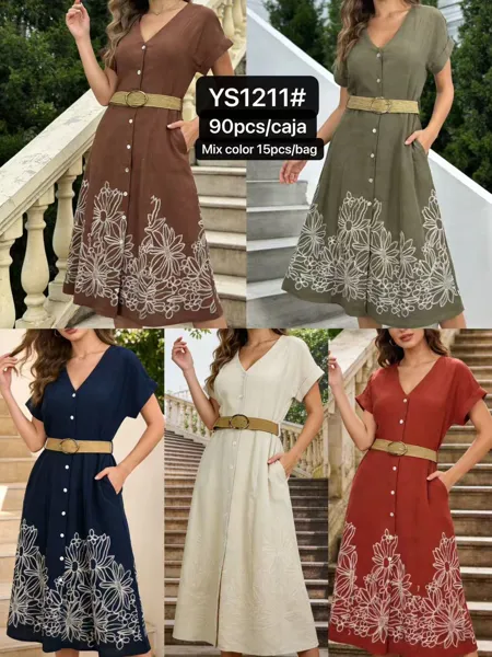 Vestido midi de manga corta con botones y bordado floral-YS1211