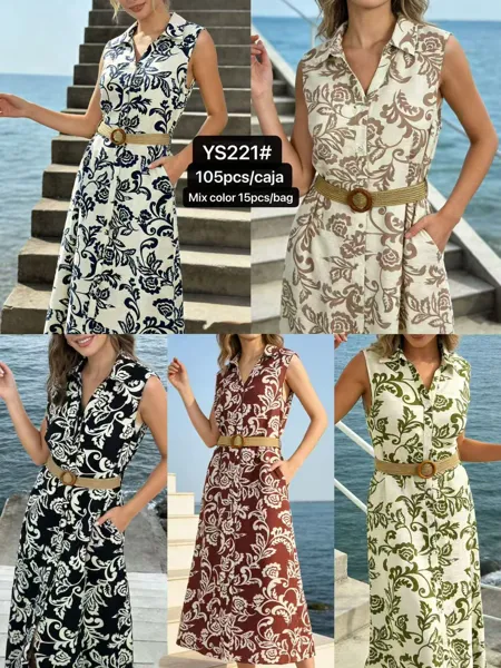 Vestido largo camisero sin mangas con estampado floral-YS221