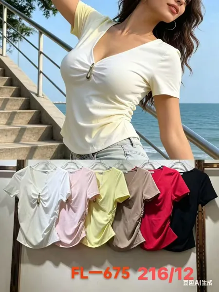 Blusa de manga corta con broche y detalle fruncido-FL675