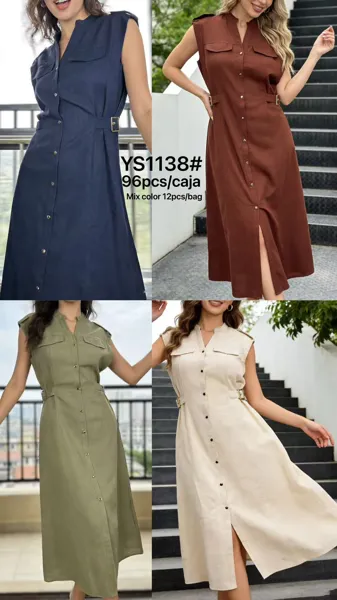 Vestido camisero sin mangas con botones y cinturón-YS1138
