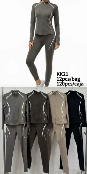 Conjunto Deportivo de Chamarra y Leggings con Líneas Decorativas-KK21