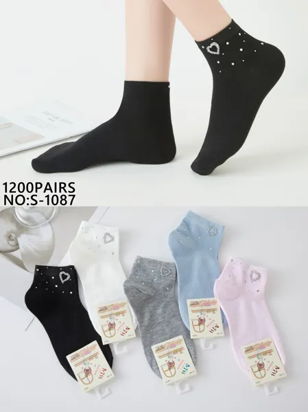 Calcetines tobilleros con diseño de corazón y pedrería-S-1087