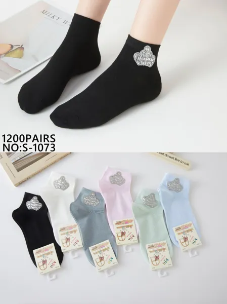 Calcetines tobilleros con diseño de corona de brillantes-S-1073