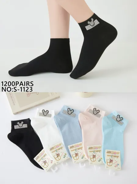 Calcetines tobilleros con diseño de orejas de ratón y pedrería-S-1123